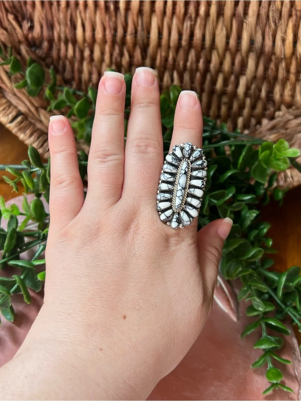 Davina Benally Navajo White Buffalo Sterling Silver Cluster Ring Sz 9.75